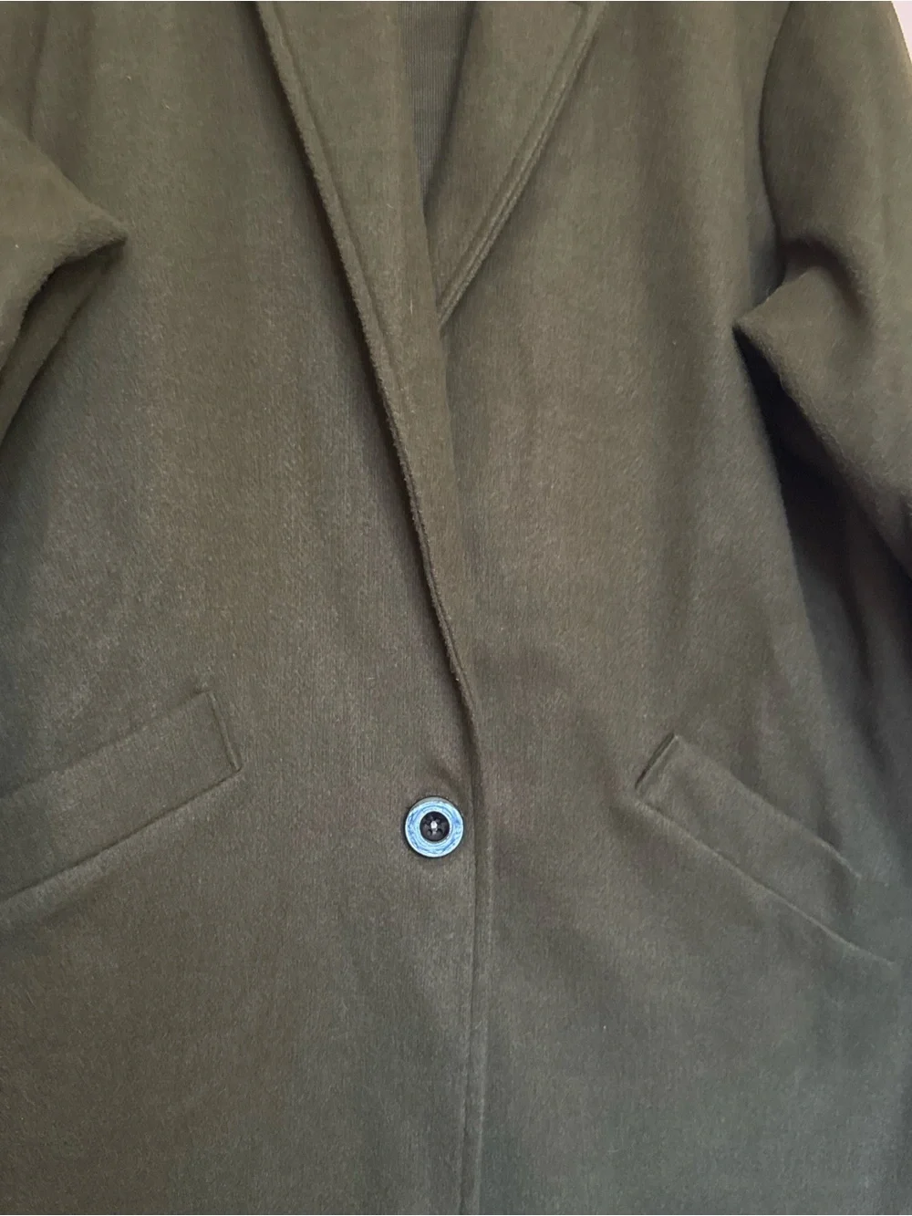 Olive Green Long Women's Coat - Single Button Overcoat - Picture 2 of 3